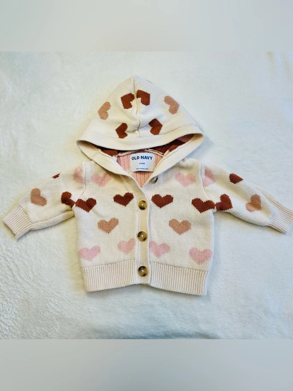 Cream Hooded Knit Cardigan with Pink & Neutral Brown tone Hearts